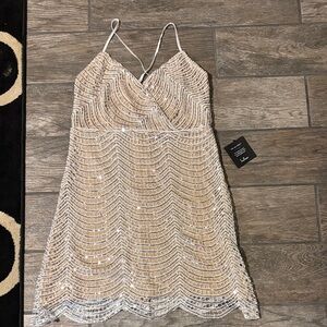 Lulu’s Elegant Beige and White Strappy Dress